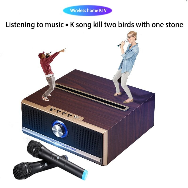 High-power home TV karaoke wooden bluetooth speaker stereo three-in-one with wireless dual microphone amplifier subwoofer audio High-power home TV karaoke wooden bluetooth speaker stereo three-in-one with wireless dual microphone amplifier subwoofer audio
